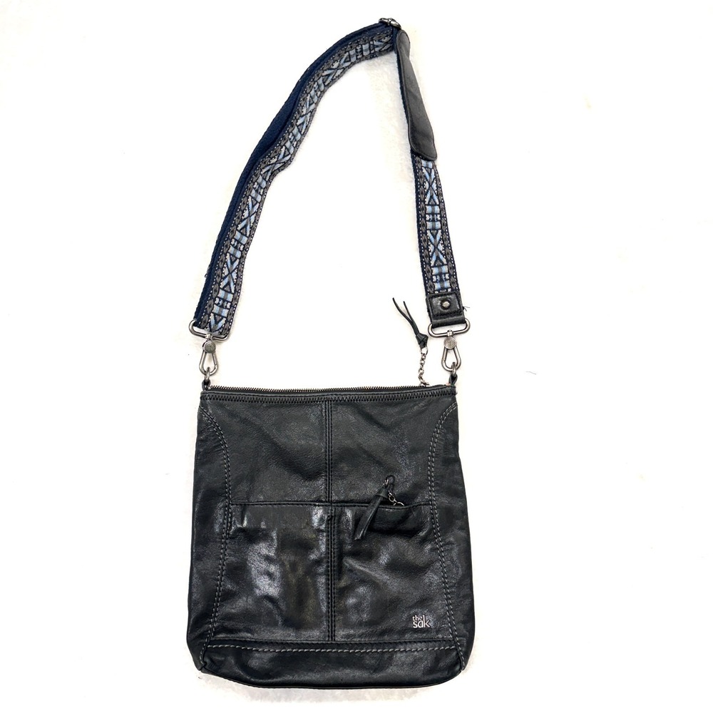The Sak Lucia Women's Black Leather Crossbody Bag Purse Adjustable Webbing Strap